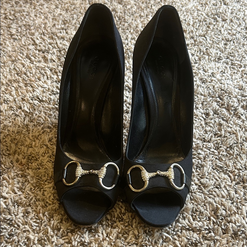 Gucci Black Peep-Toe Heels with Silver Buckle